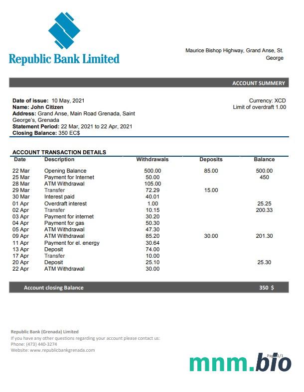 Szablon wyciągu bankowego Grenada CIBC w programie Word i PDF